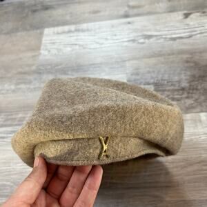 VARZAR Wool Blend Camel Beret Hat with Gold Logo Accent Korean Streetwear
